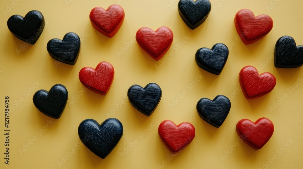 Red and black hearts scattered on yellow background. Red and black hearts scattered on yellow background.