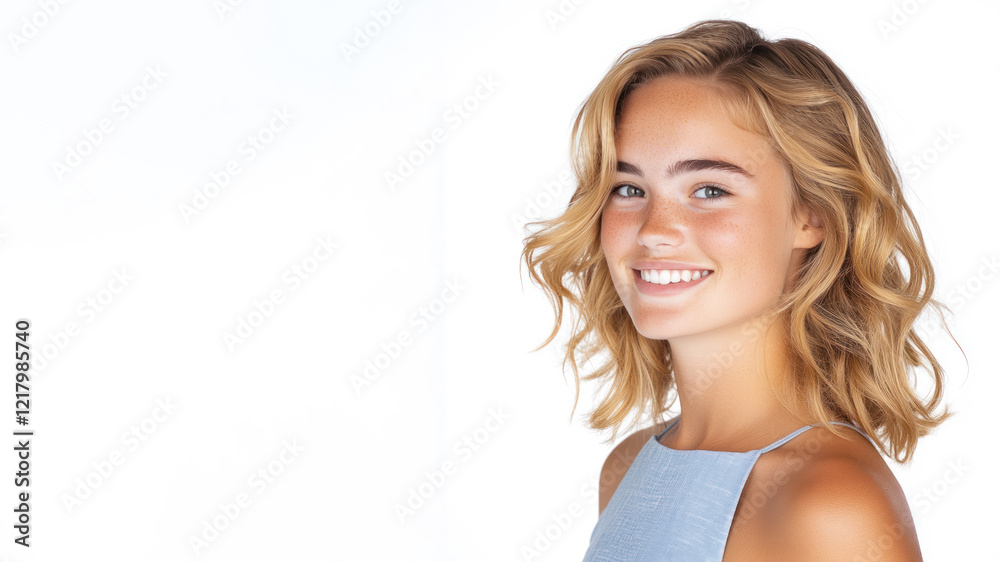 Happy blond woman wearing blue dress smiling isolated on white background Happy blond woman wearing blue dress smiling isolated on white background