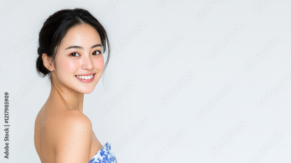 Happy chinese woman wearing blue dress smiling isolated on white background Happy chinese woman wearing blue dress smiling isolated on white background