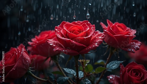 Red Roses Blooming in the Rain