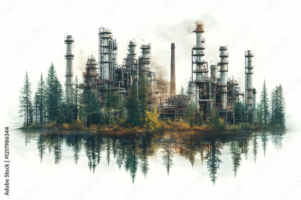 Obraz premium Industrial Island Pollution, Forest, Refinery, Reflection, Environmental