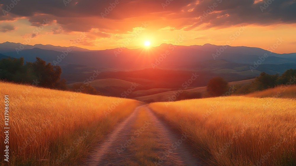 Obraz premium Vibrant sunset over rolling hills and a country road.