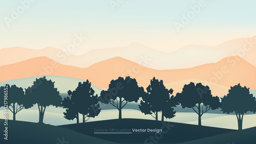 Tranquil Nature-Inspired Abstract Vector BG Background with Gradient Sky, Rolling Hills, and Gentle Colors