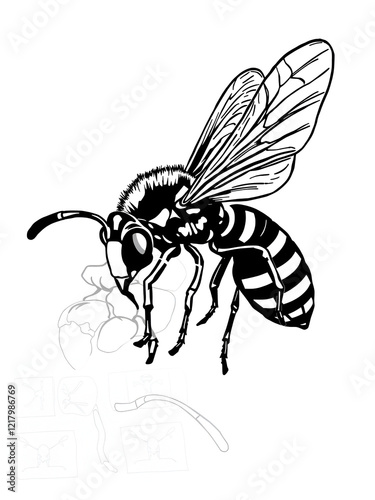 Cicada Killer Wasp (Sphecius speciosus) insect design, labeled line art vector illustration. photo