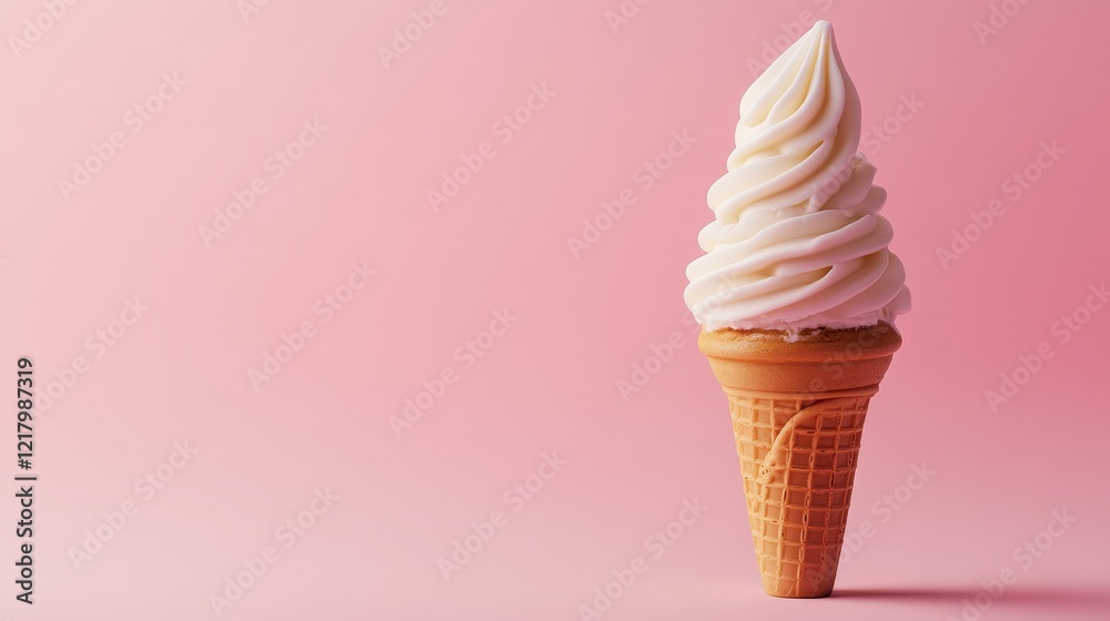 A dripping vanilla ice cream cone in focus, with the soft pink background highlighting the creamy texture and providing copy space. A dripping vanilla ice cream cone in focus, with the soft pink background highlighting the creamy texture and providing copy space.