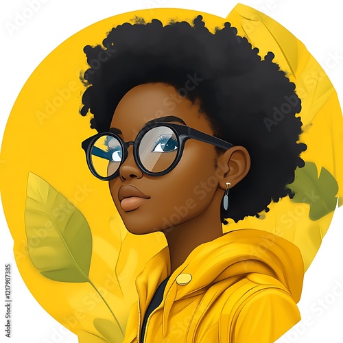 Stylish girl with afro and yellow jacket.