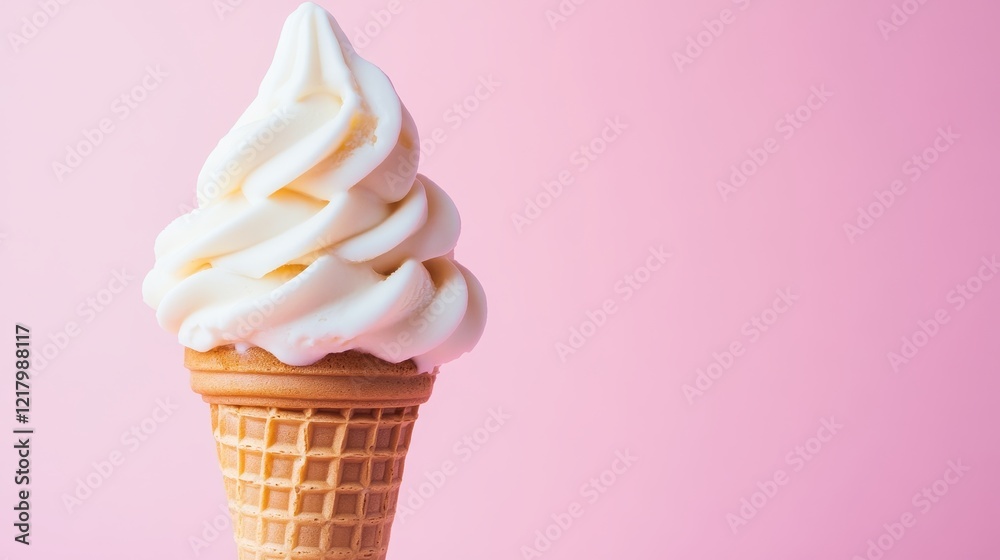 Close-up of a perfect vanilla soft serve ice cream cone against a soft pink background, ideal for food-related promotions. Close-up of a perfect vanilla soft serve ice cream cone against a soft pink background, ideal for food-related promotions.