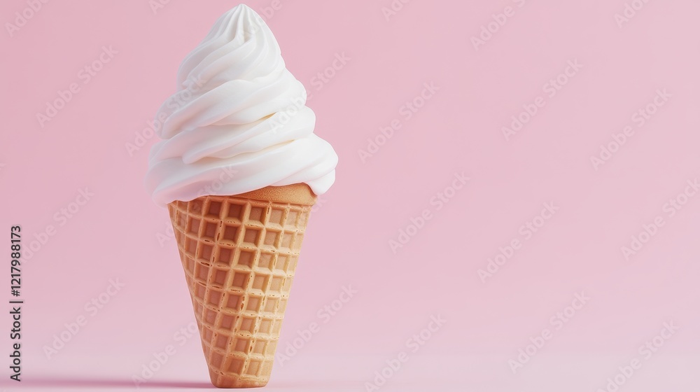 Close-up of a perfect vanilla soft serve ice cream cone against a soft pink background, ideal for food-related promotions. Close-up of a perfect vanilla soft serve ice cream cone against a soft pink background, ideal for food-related promotions.