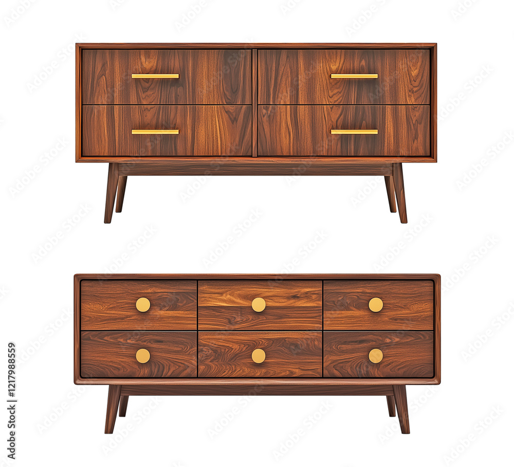 Fototapeta premium Dark walnut wood sideboard with four drawers, gold handles, mid-century design, suitable for dining room or living room, transparent background