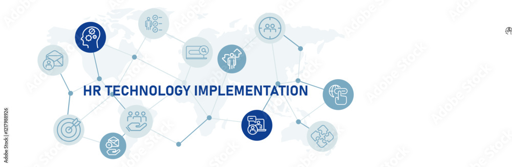 HR Technology Implementation icon set with illustration data engineering modern transformation system work planning development design outline HR Technology Implementation icon set with illustration data engineering modern transformation system work planning development design outline