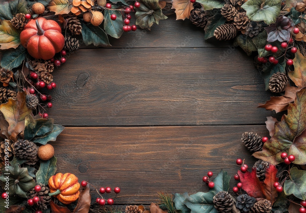 Autumn Wreath with Colorful Leaves, Pinecones, Pumpkins, and Berries on Dark Wooden Background to Celebrate Fall and Thanksgiving Season Autumn Wreath with Colorful Leaves, Pinecones, Pumpkins, and Berries on Dark Wooden Background to Celebrate Fall and Thanksgiving Season