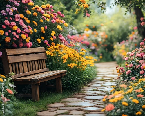 Wooden bench in vibrant flower garden path.