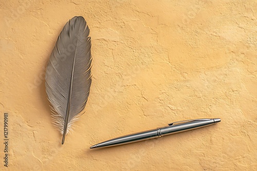 Elegant Feather and Pen on a Textured Surface photo