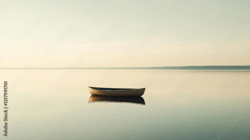 Serene sunrise over calm lake with a small boat gently floating. Serene sunrise over calm lake with a small boat gently floating.