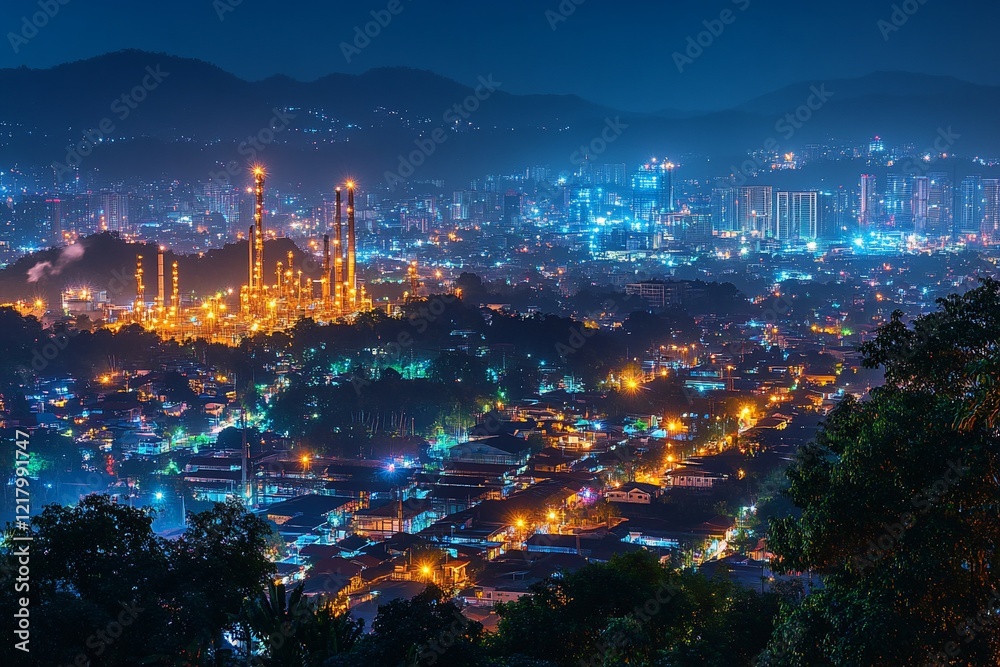 Fototapeta premium Night Cityscape With Illuminated Industrial Complex