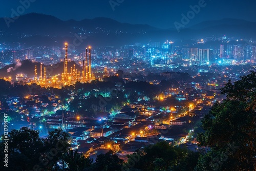 Night Cityscape With Illuminated Industrial Complex