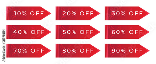 Set of red banners in arrow shapes, coupons in many percentage variations, offers from 10 to 90 percents, vector button to increase sales on your website