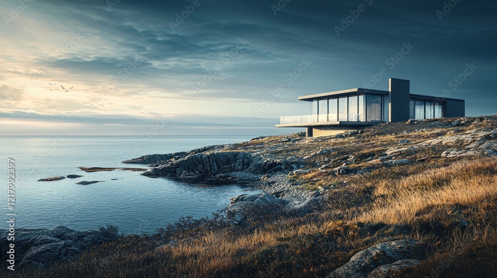 Modern coastal house on rocky cliff overlooking ocean at sunset.