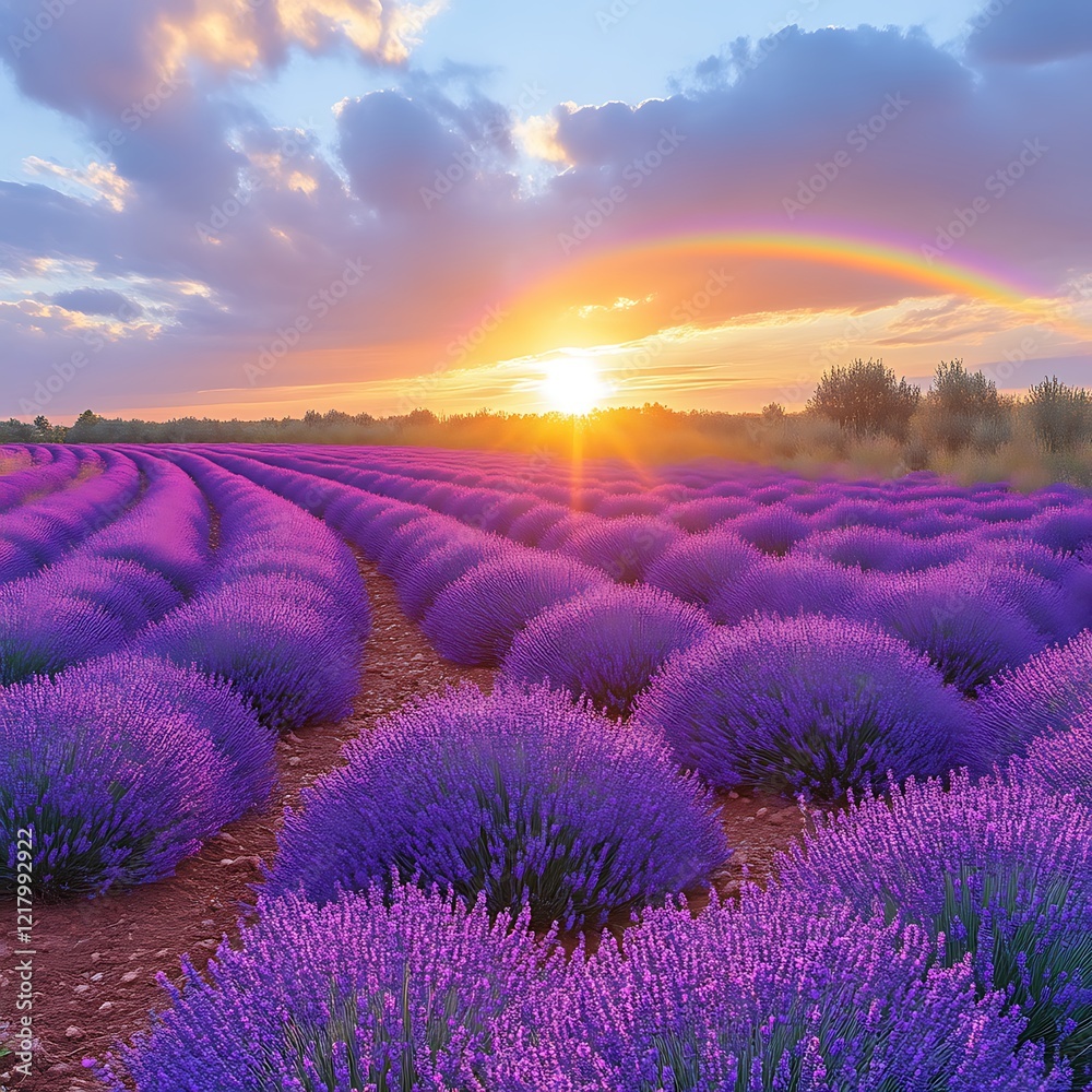 Fototapeta premium Vibrant lavender field at sunset with rainbow.