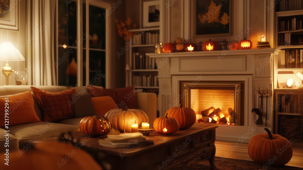 Obraz premium Cozy autumn living room with fireplace, pumpkins, and warm lighting.