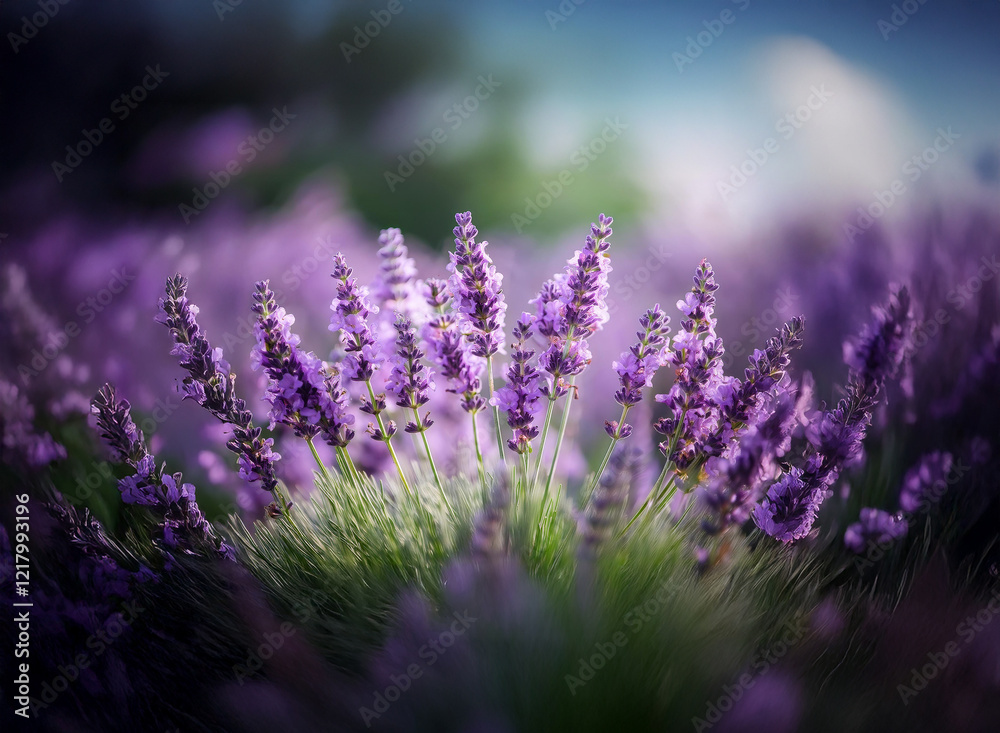 Obraz premium A vibrant cluster of lavender flowers in full bloom, bathed in soft light against a blurred, dreamy background. The purple hues are intense and the scene evokes serenity.