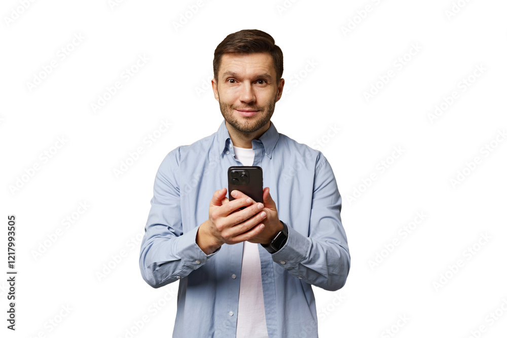 Man holds smartphone and smiles confidently in a well-lit indoor setting during the day Man holds smartphone and smiles confidently in a well-lit indoor setting during the day