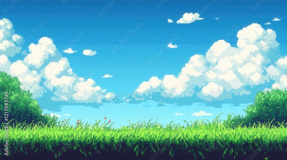 Pixel art landscape of a sunny day with fluffy clouds and green grass. Ideal for game backgrounds, websites, or any project needing a cheerful, pixelated nature scene. Pixel art landscape of a sunny day with fluffy clouds and green grass. Ideal for game backgrounds, websites, or any project needing a cheerful, pixelated nature scene.