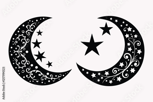 celestial crescent moons, intricate patterns, stars, black and white illustration.