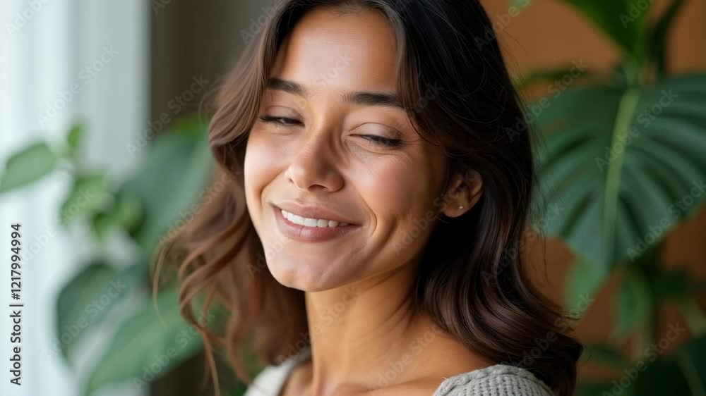 Joyful Portrait of a Woman with Beautiful Smile Surrounded by Lush Greenery, Capturing Warmth and Natural Beauty in Tranquil Environment Joyful Portrait of a Woman with Beautiful Smile Surrounded by Lush Greenery, Capturing Warmth and Natural Beauty in Tranquil Environment