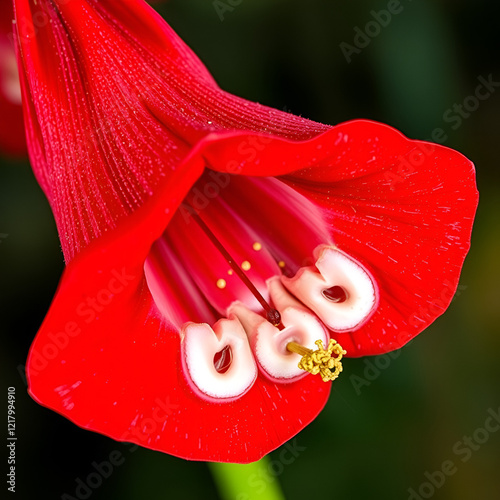 Firecracker Penstemon Cross Section of this large red flower dissected out to show horseshoe-shaped anther sacs dehiscing from the distal ends. photo