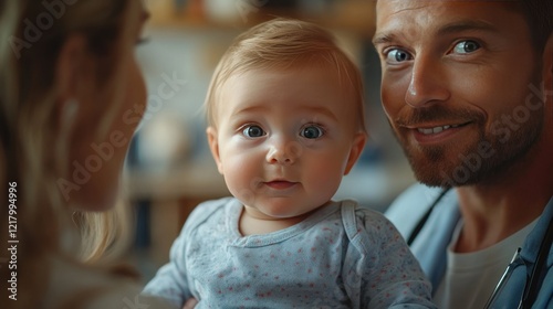 Doctor holding baby, parents, clinic, checkup