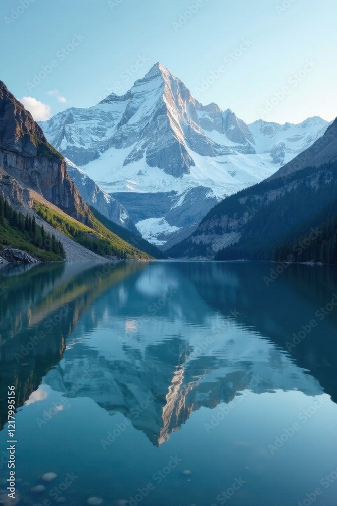 Obraz premium Glacial lake with snow-capped mountains reflected in its calm surface, mountain, snow, reflection