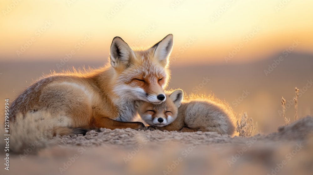 Fototapeta premium Red fox kit snuggles with mother as sunset paints the sky warm
