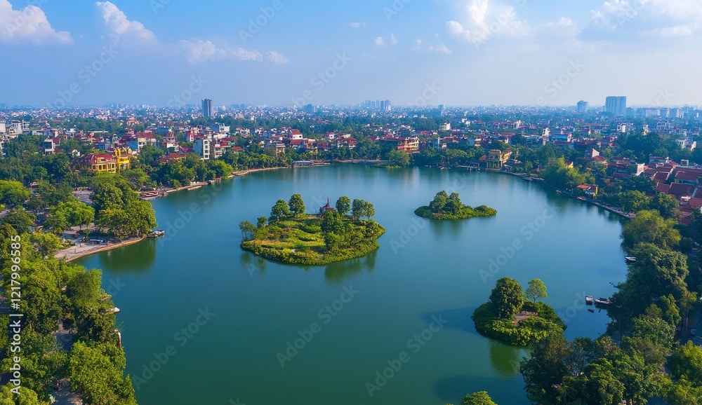Aerial view of a city lake with islands, trees, and buildings. Aerial view of a city lake with islands, trees, and buildings.