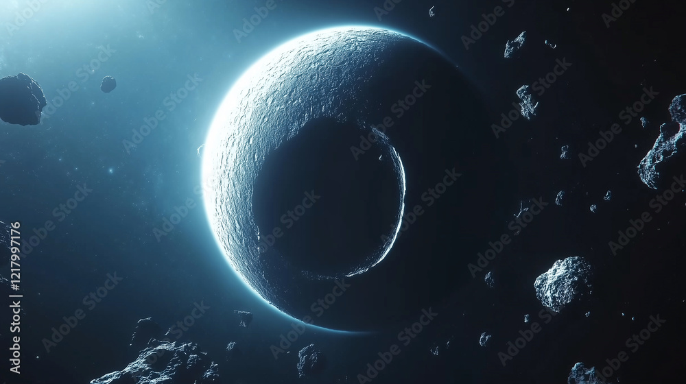 Naklejka premium Dramatic Space Scene: Crescent Planet with Asteroid Field Against Starry Background