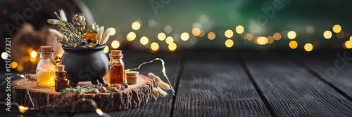 Magical Potion Herbs Essential Oils Dark Background Witchcraft Autumn