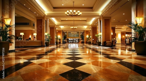 Luxurious hotel lobby with marble floor and elegant lighting.