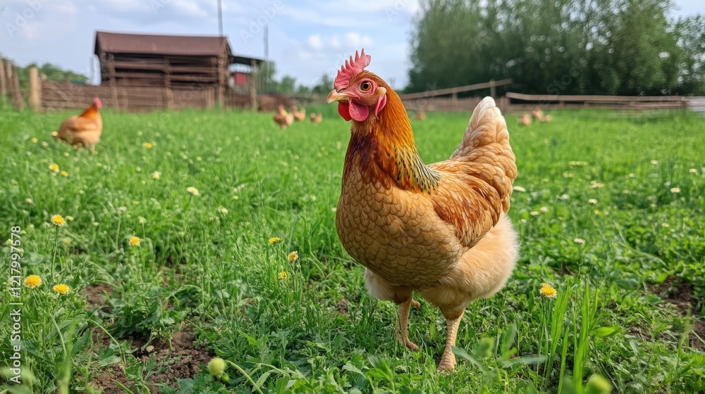 Fototapeta premium Happy chickens enjoy free-range feeding on a sunny eco chicken farm