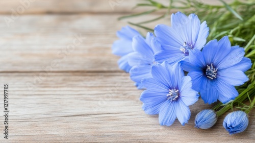Fototapeta Naklejka Na Ścianę i Meble -  Chicory blooms in soft blue hues resting on rustic wooden table