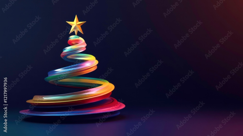 Abstract colorful spiral Christmas tree with a golden star on a dark background. Abstract colorful spiral Christmas tree with a golden star on a dark background.