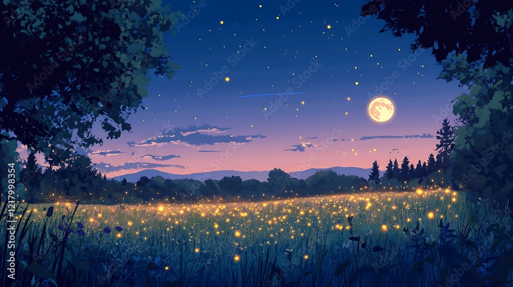 Fototapeta premium Fireflies in a Field under the Full Moon