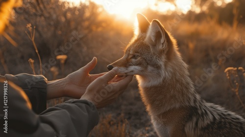 Wildlife rehabilitator releasing rehabilitated coyote, dynamic landscape and soft lighting capturing freedom and restoration photo