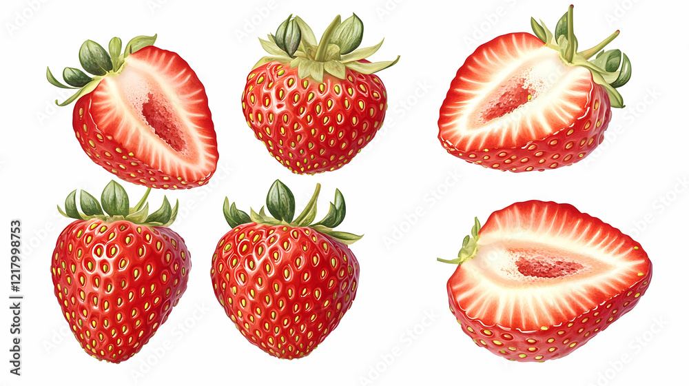Six juicy strawberries, whole and halved, isolated on white, for food packaging Six juicy strawberries, whole and halved, isolated on white, for food packaging