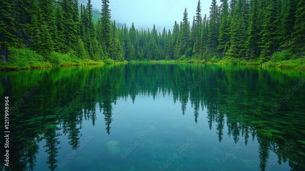 Serene Mountain Lake Reflecting Evergreen Trees Serene Mountain Lake Reflecting Evergreen Trees