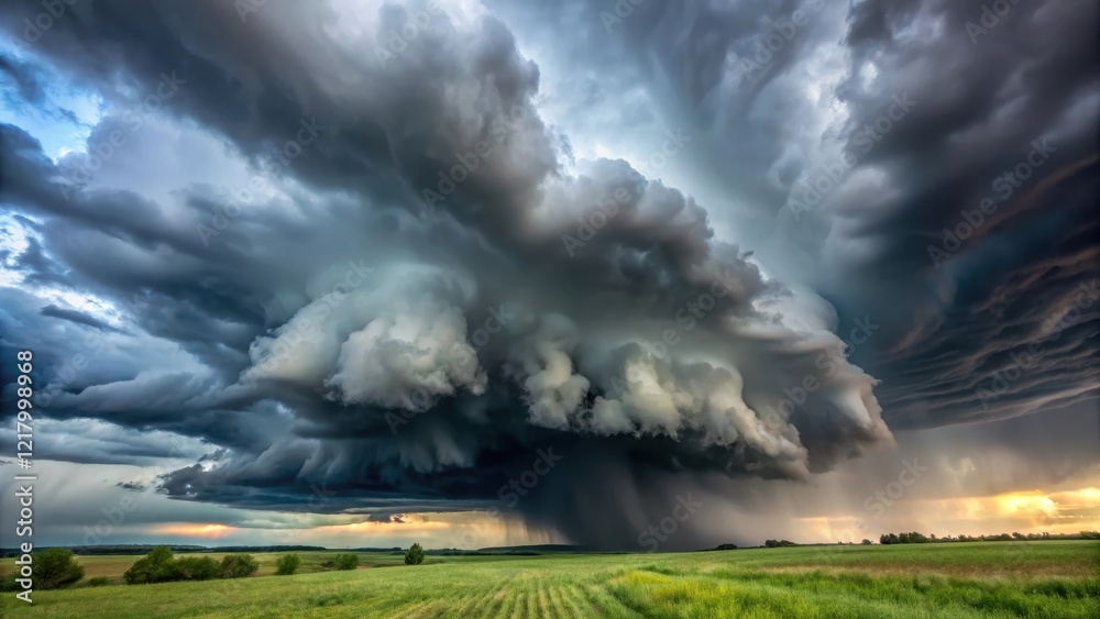 Dark grey storm cloud looming large in the sky with heavy rain coming down, rain clouds Dark grey storm cloud looming large in the sky with heavy rain coming down, rain clouds
