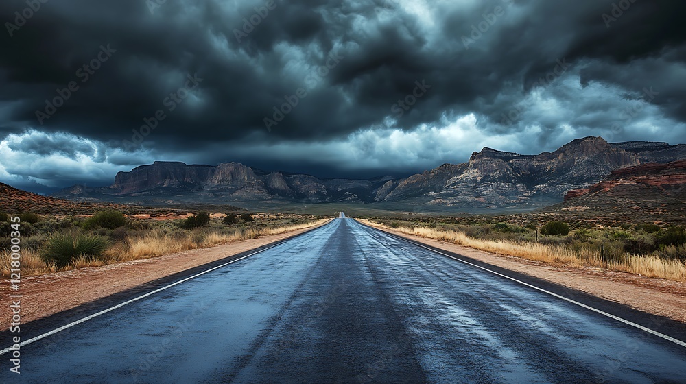 Dark Stormy Clouds Over an Empty Highway in the Desert Dark Stormy Clouds Over an Empty Highway in the Desert