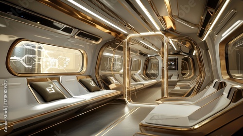 Fototapeta Naklejka Na Ścianę i Meble -  Luxurious futuristic train interior with gold accents and comfortable seating.
