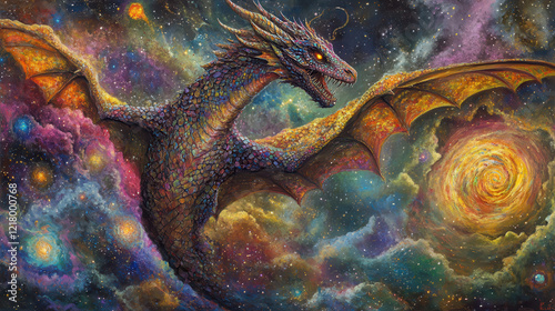 A cosmic dragon flying through a vivid nebula, its scales shimmering in iridescent hues, glowing eyes casting an ethereal light. Background features swirling galaxies