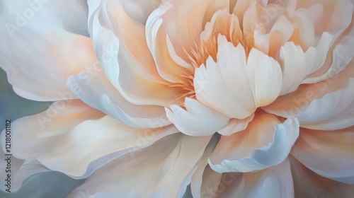 Fototapeta Naklejka Na Ścianę i Meble -  Close-up of a peach and white peony blossom, soft focus and painterly style.