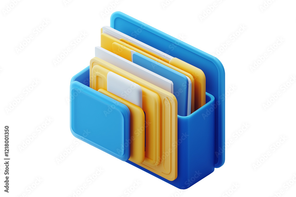A blue and yellow plastic icon of three documents in an open file folder, isolated on transparent background A blue and yellow plastic icon of three documents in an open file folder, isolated on transparent background